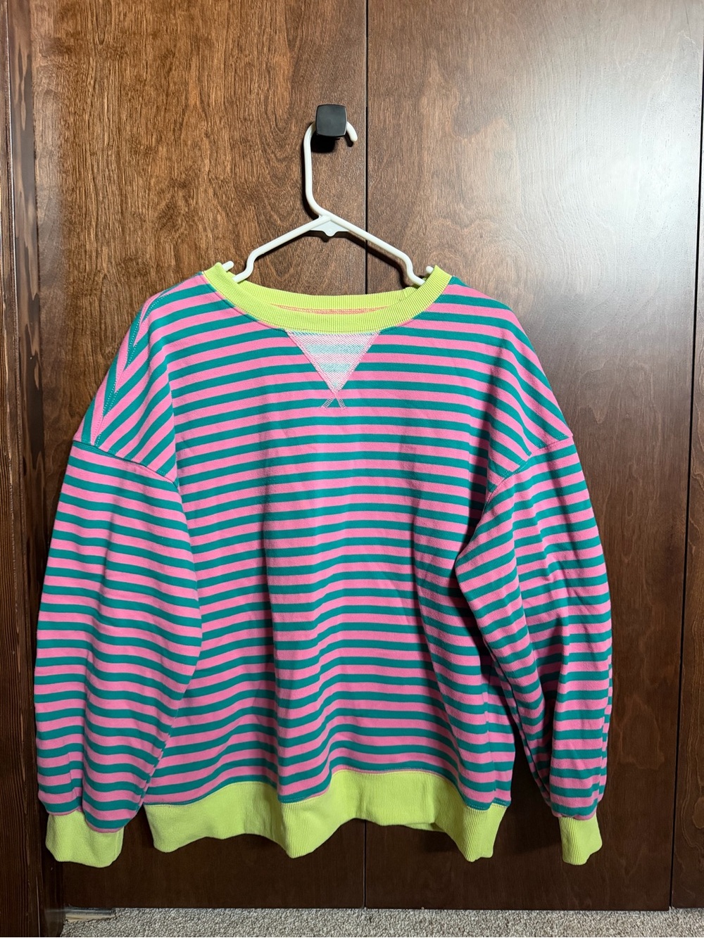 Women’s Striped Pink and Teal Crewneck Sweater with Lime Trim